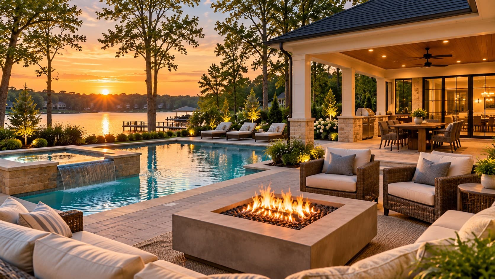 Lakeside terrace at sunset with fire pit and pool