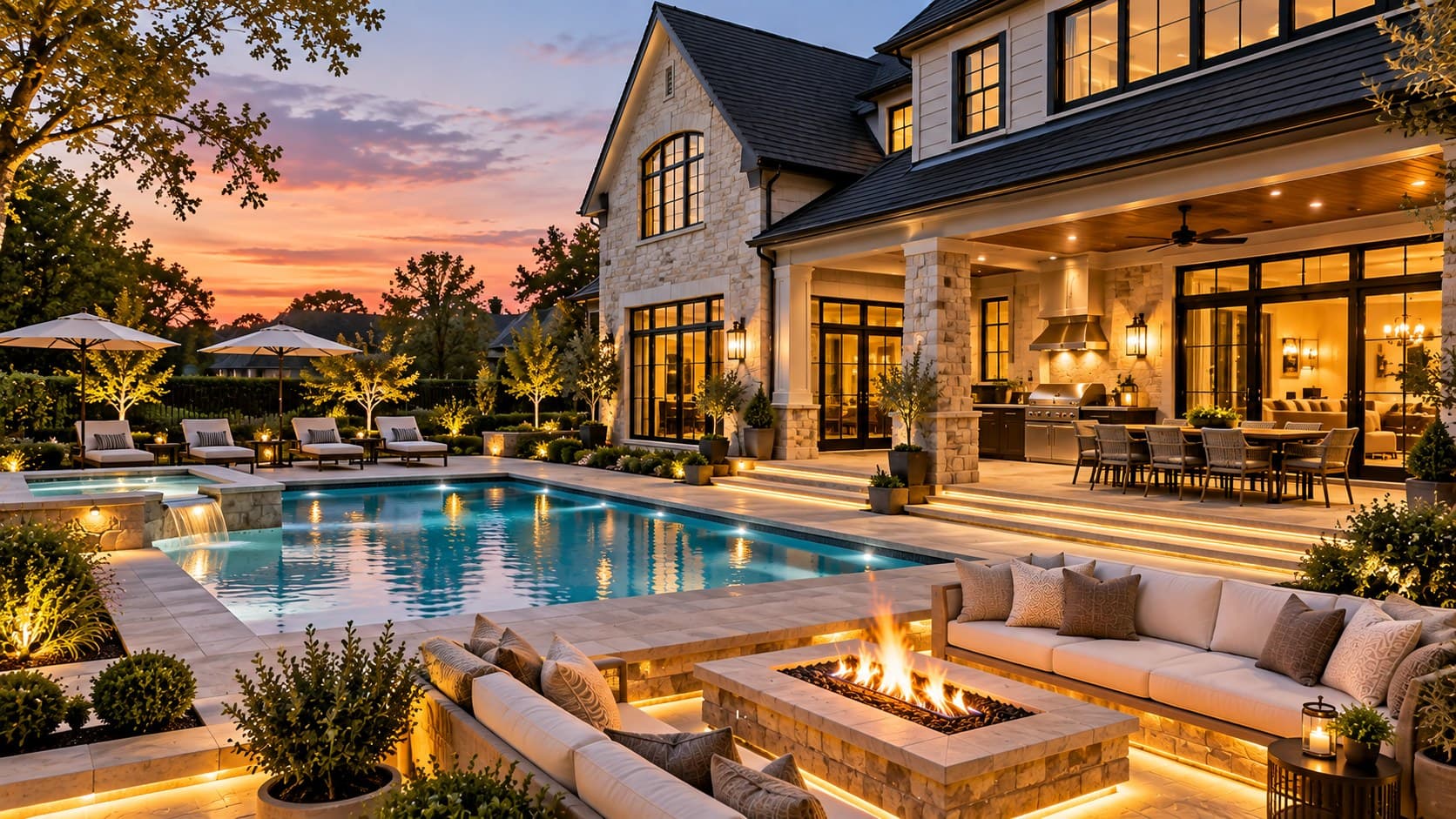 Pool terrace at dusk with sunken seating around a stone fire pit