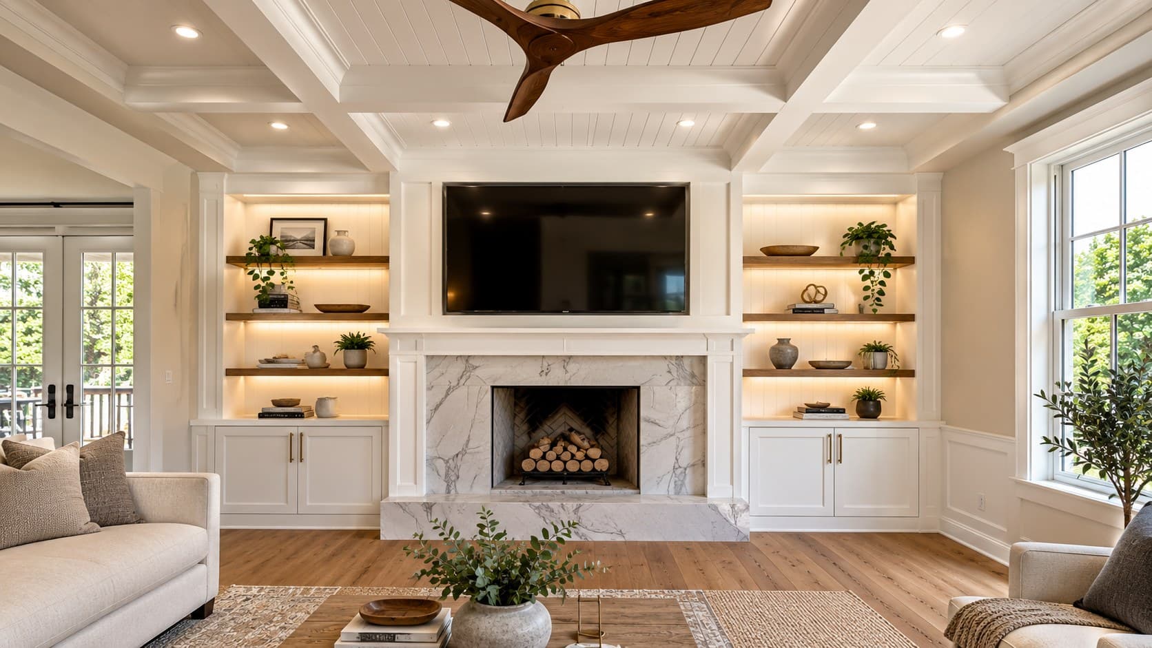 Custom built-in shelving and marble fireplace surround