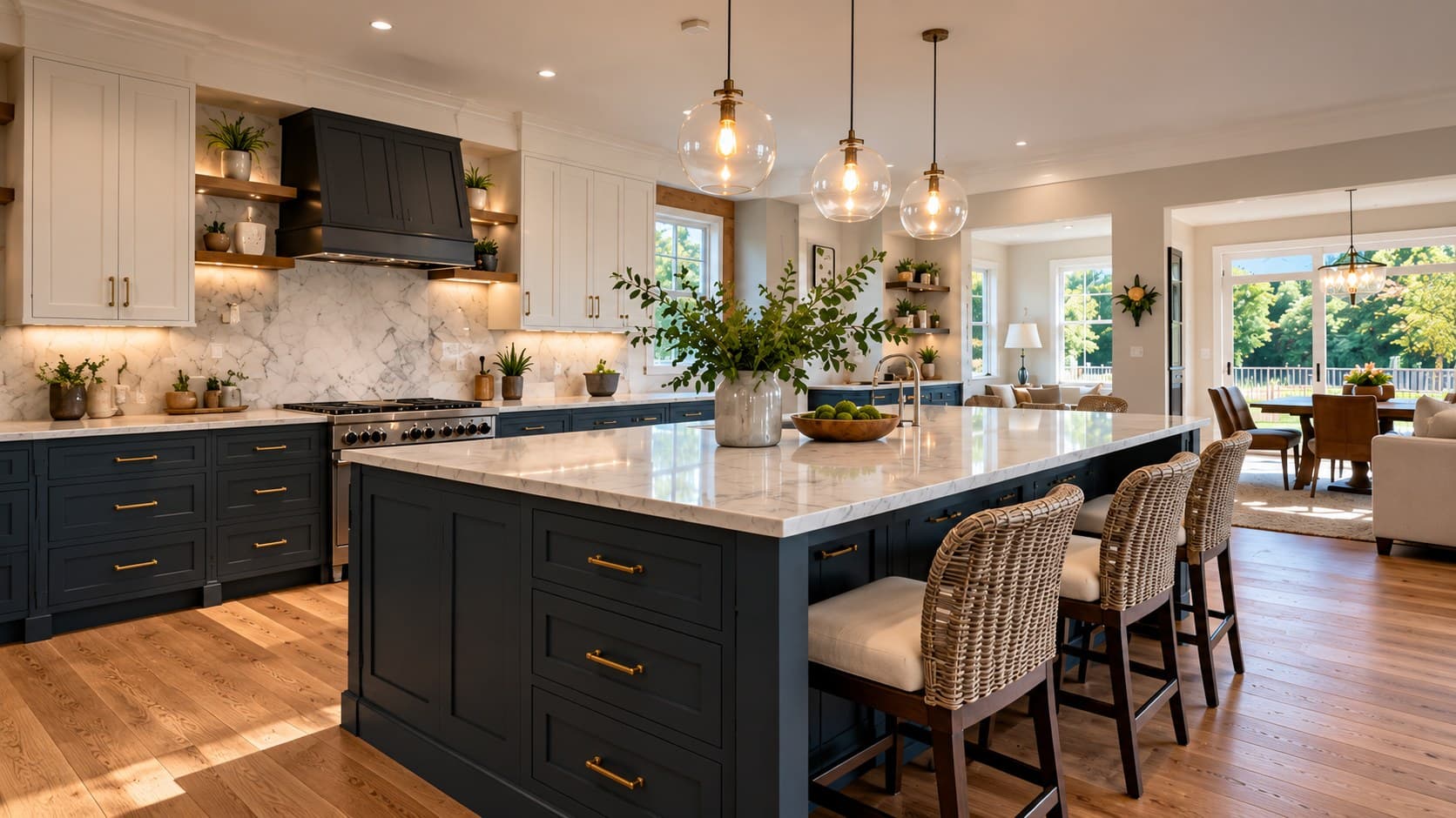 Remodeled kitchen with a navy island, marble countertop and glass pendant lights