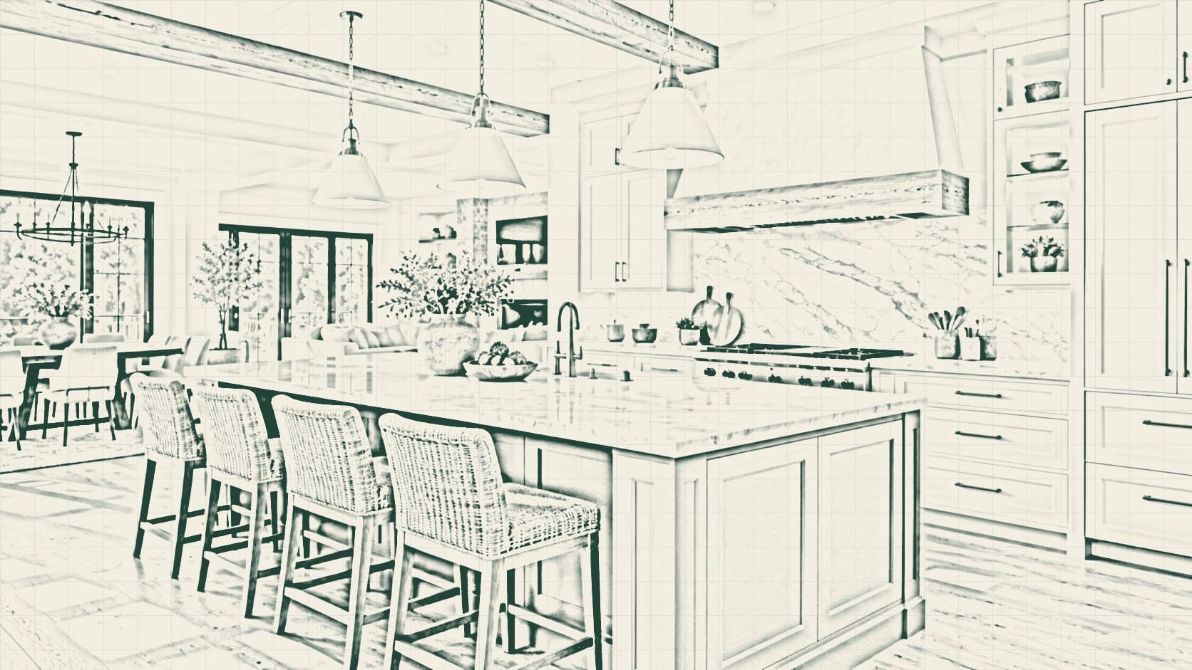 Line drawing of the sage island kitchen