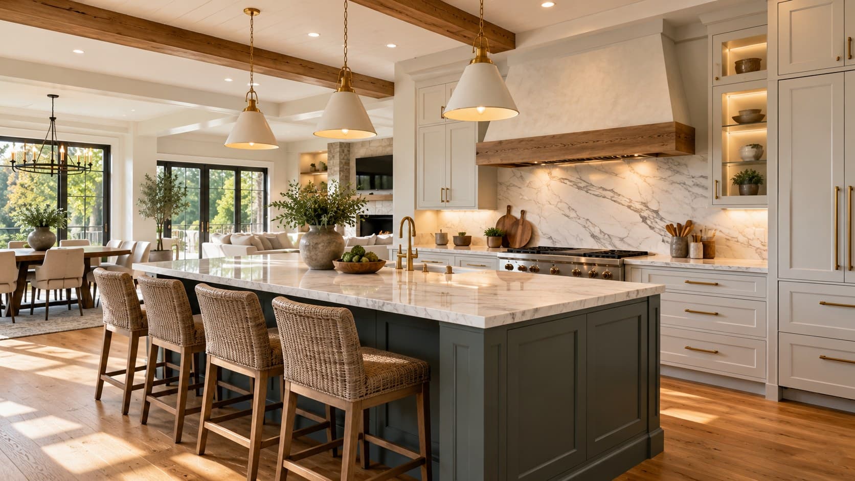 Sage green island kitchen with timber beams